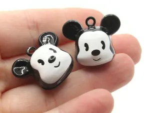 2 25mm Black and White Cartoon Mouse Head Brass Bell Charms