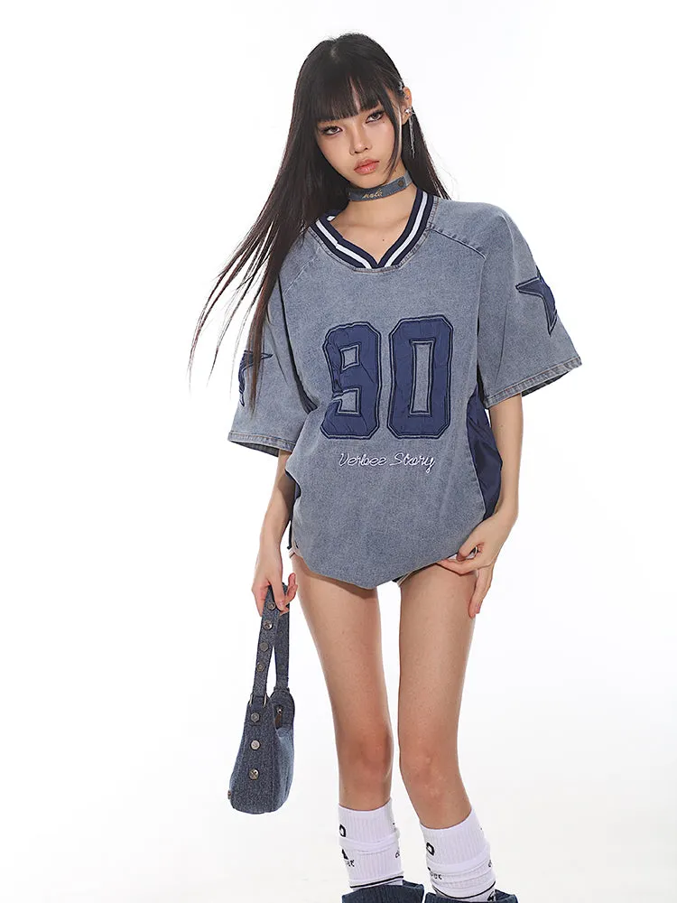 【24s July.】Vintage Denim Lettering Embroidered T-Shirt