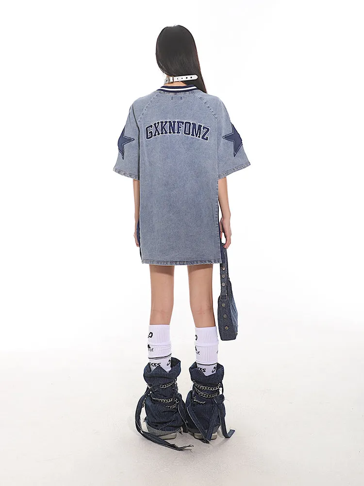 【24s July.】Vintage Denim Lettering Embroidered T-Shirt