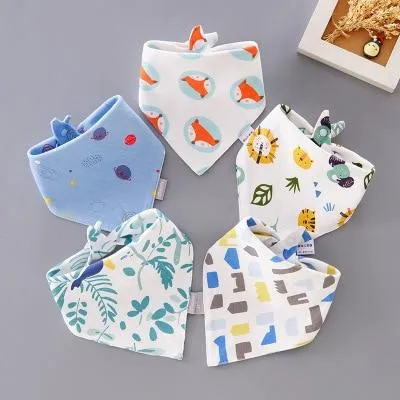 5 Pieces Baby Cotton Cartoon Print Triangle Double Saliva Towels