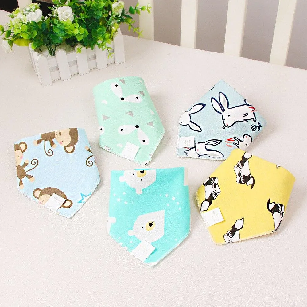 5 Pieces Baby Cotton Cartoon Print Triangle Double Saliva Towels