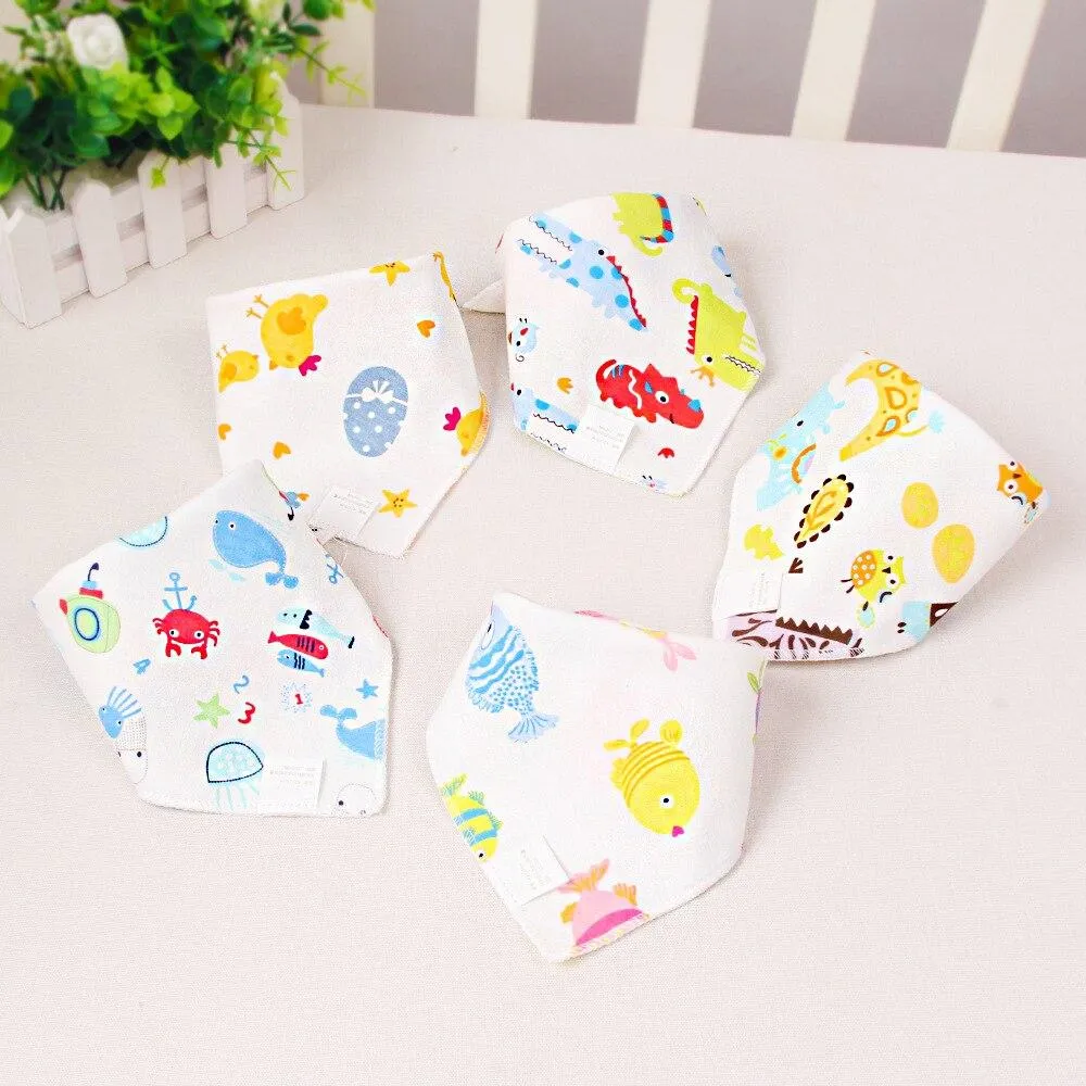 5 Pieces Baby Cotton Cartoon Print Triangle Double Saliva Towels