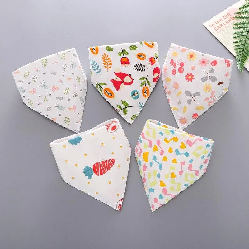 5 Pieces Baby Cotton Cartoon Print Triangle Double Saliva Towels