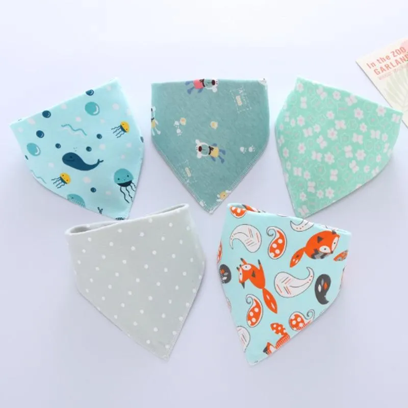 5 Pieces Baby Cotton Cartoon Print Triangle Double Saliva Towels