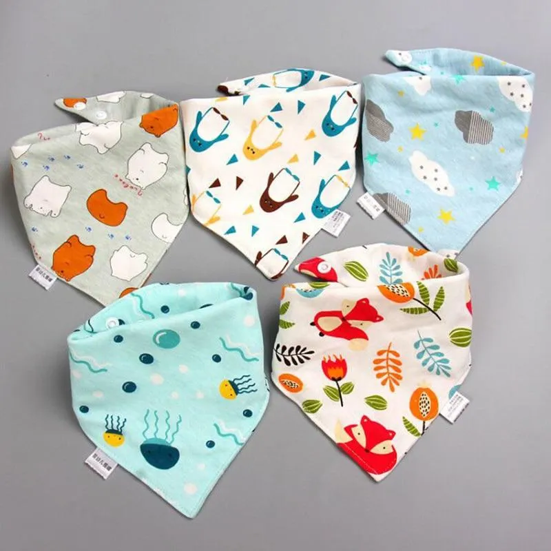 5 Pieces Baby Cotton Cartoon Print Triangle Double Saliva Towels