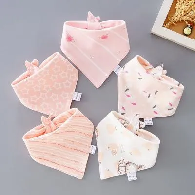 5 Pieces Baby Cotton Cartoon Print Triangle Double Saliva Towels