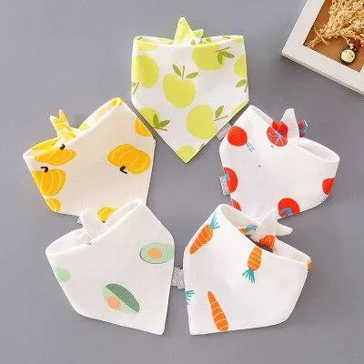 5 Pieces Baby Cotton Cartoon Print Triangle Double Saliva Towels