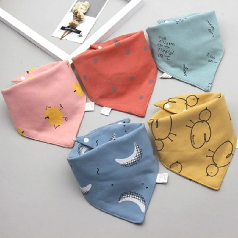 5 Pieces Baby Cotton Cartoon Print Triangle Double Saliva Towels