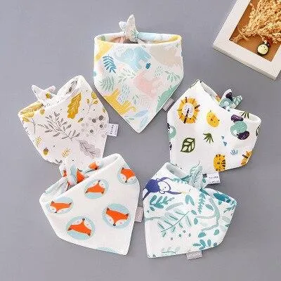 5 Pieces Baby Cotton Cartoon Print Triangle Double Saliva Towels