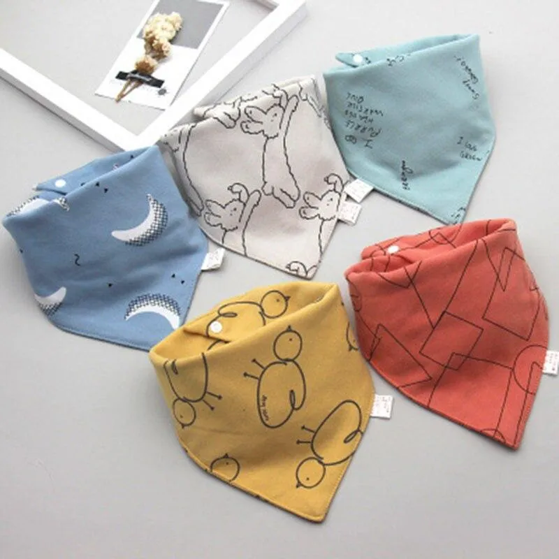 5 Pieces Baby Cotton Cartoon Print Triangle Double Saliva Towels