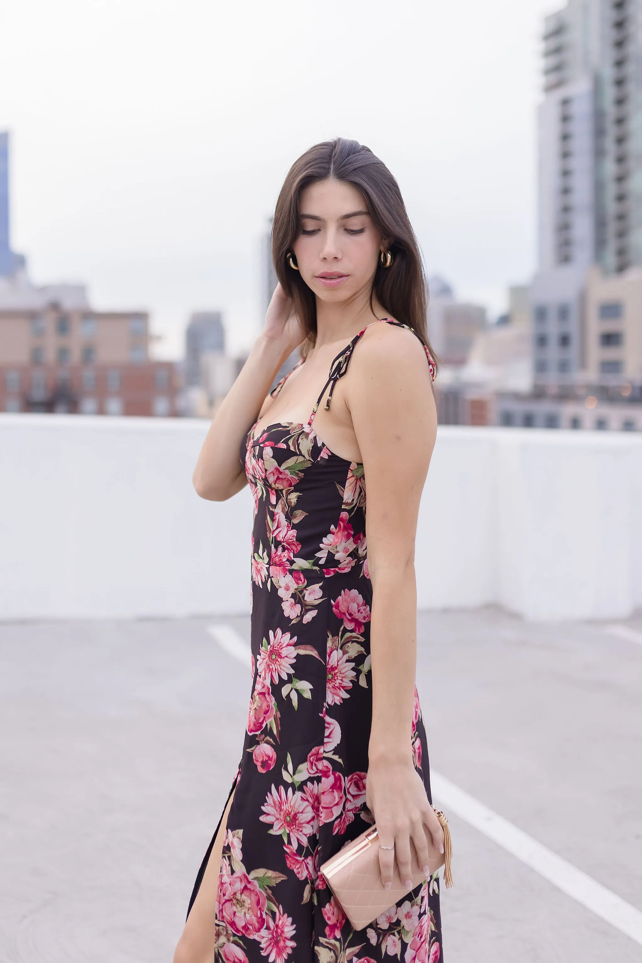 Aesha Sleeveless Shoulder Tie Floral Print Midi Dress Pink