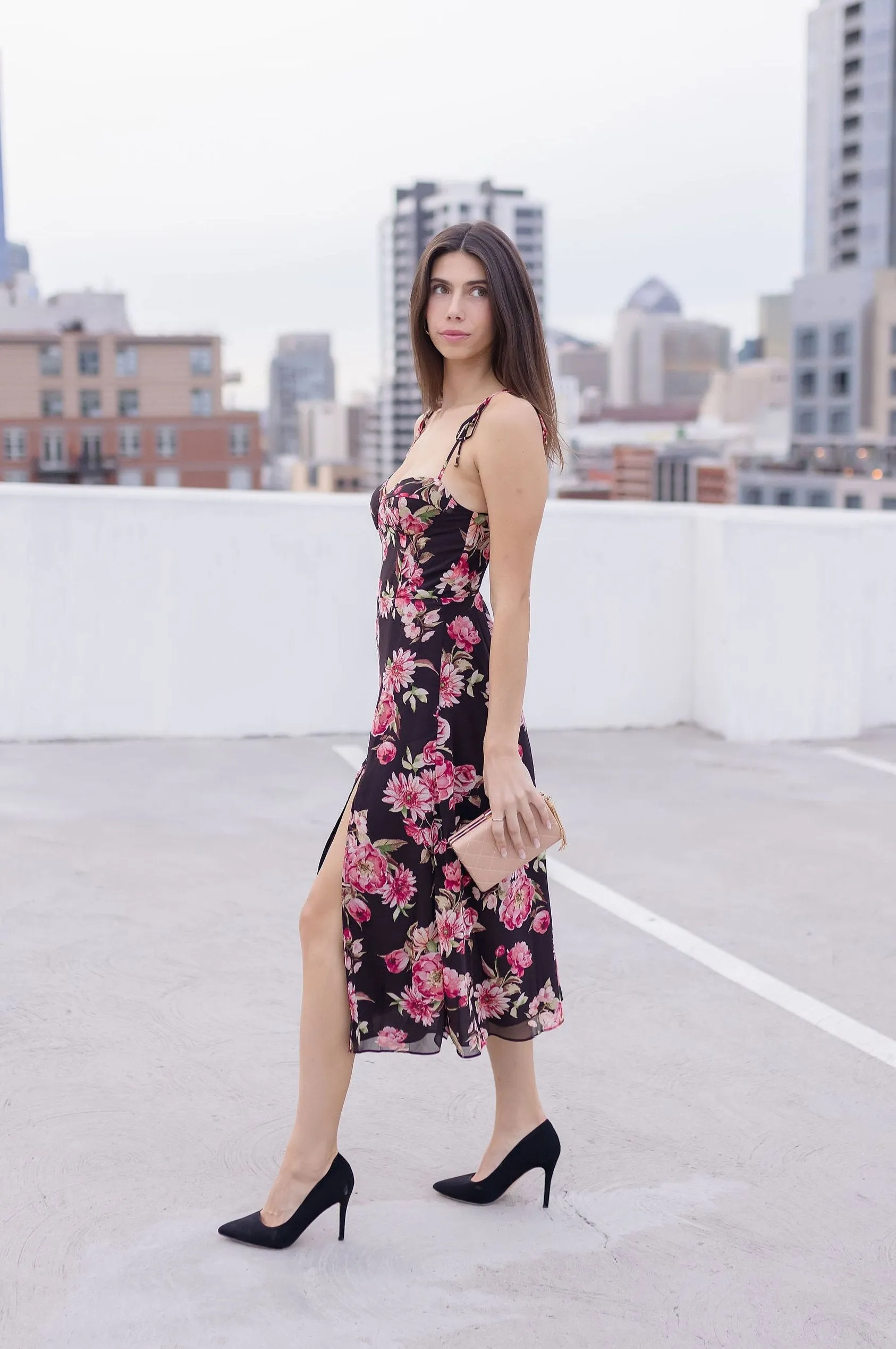 Aesha Sleeveless Shoulder Tie Floral Print Midi Dress Pink