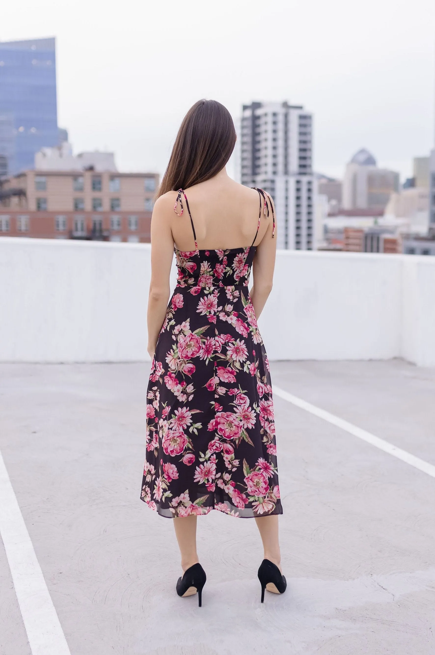 Aesha Sleeveless Shoulder Tie Floral Print Midi Dress Pink