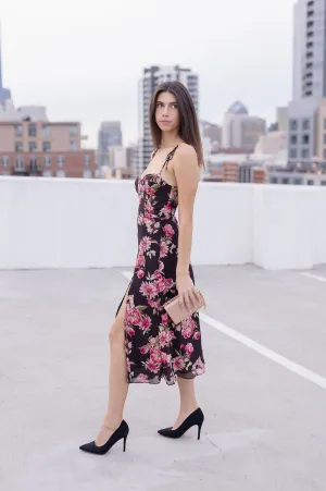 Aesha Sleeveless Shoulder Tie Floral Print Midi Dress Pink