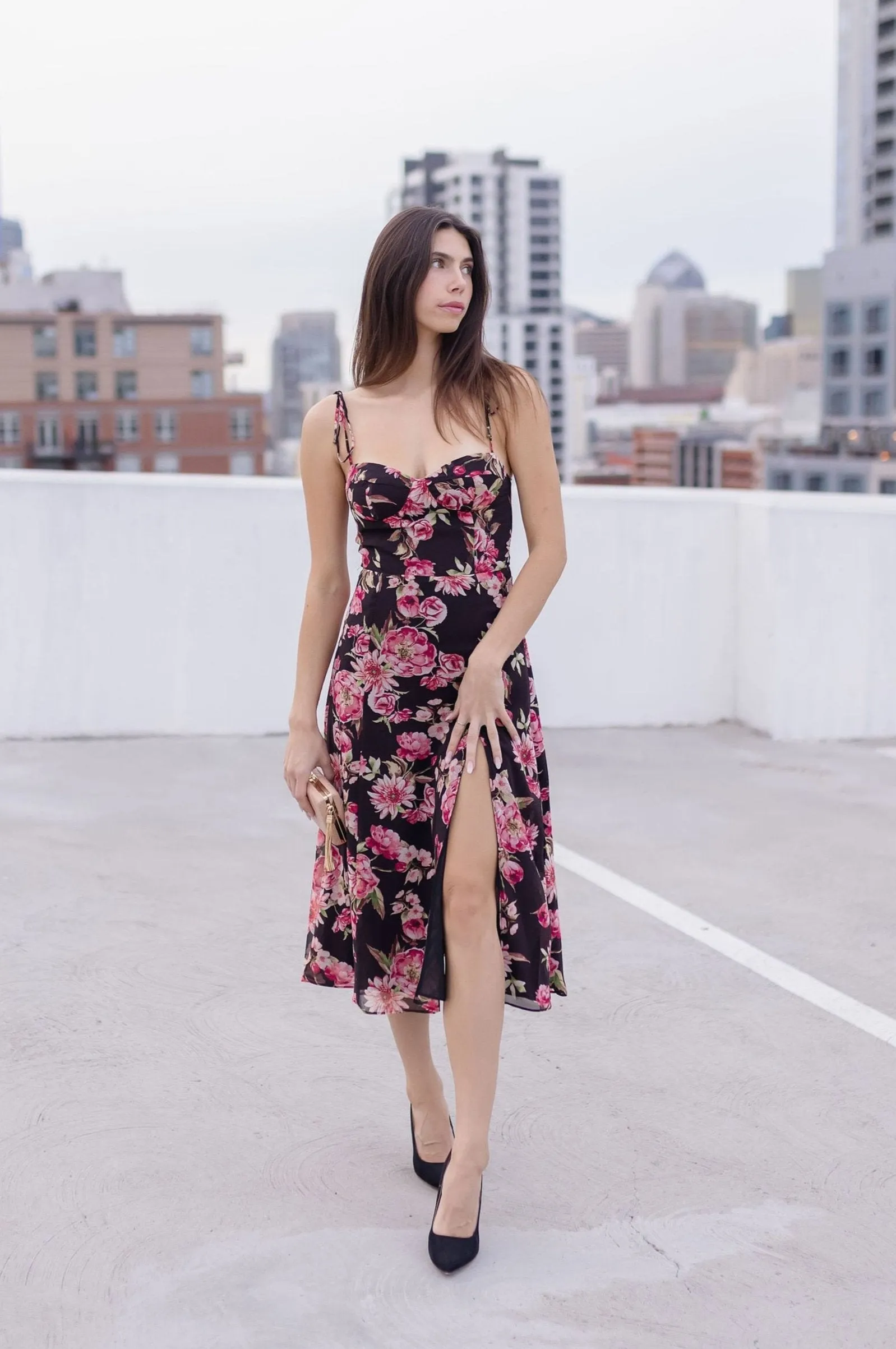 Aesha Sleeveless Shoulder Tie Floral Print Midi Dress Pink