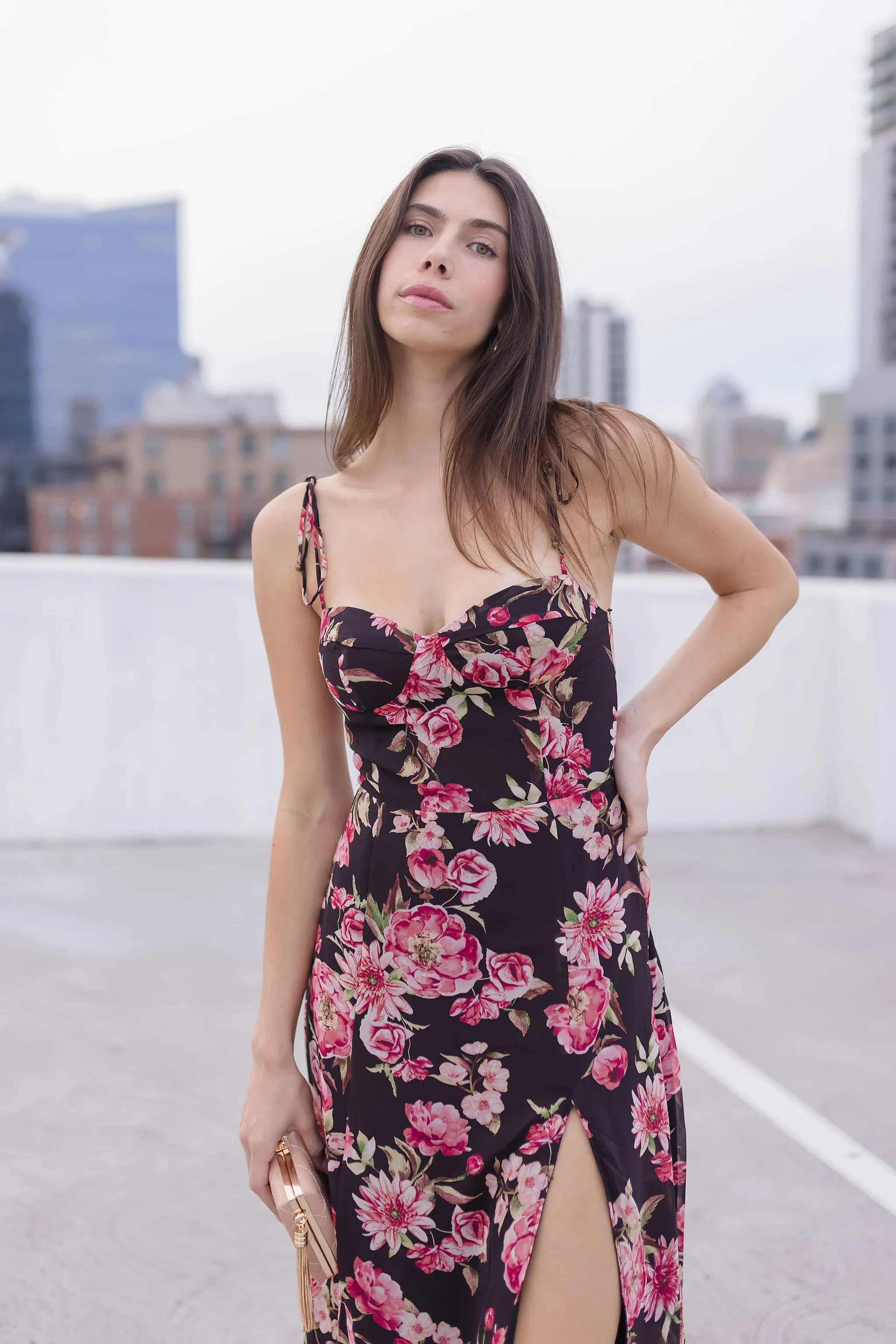 Aesha Sleeveless Shoulder Tie Floral Print Midi Dress Pink