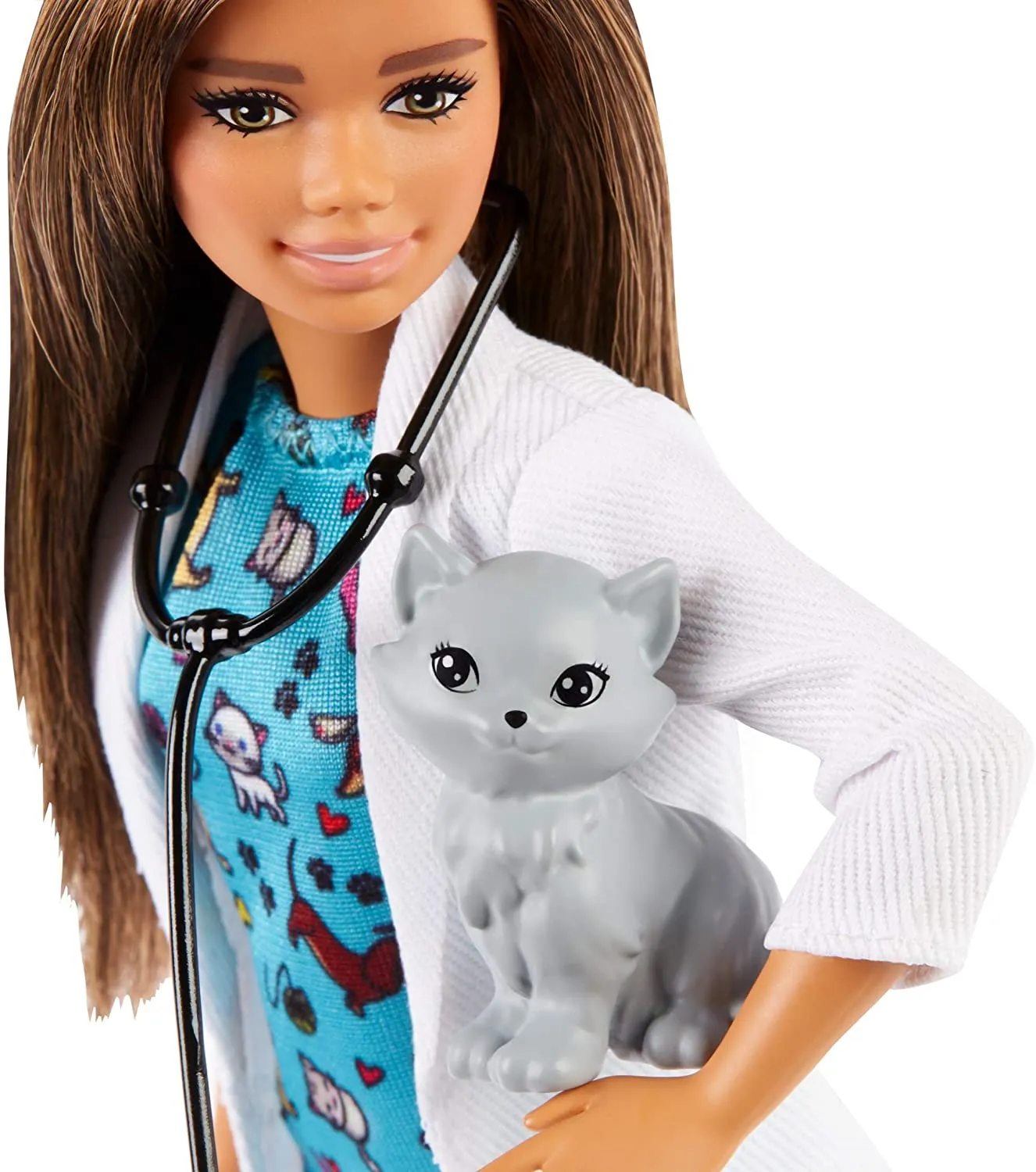 Barbie Pet Vet Brunette Doll with Career Pet print Dress, Medical Coat, Shoes and Kitty Patient