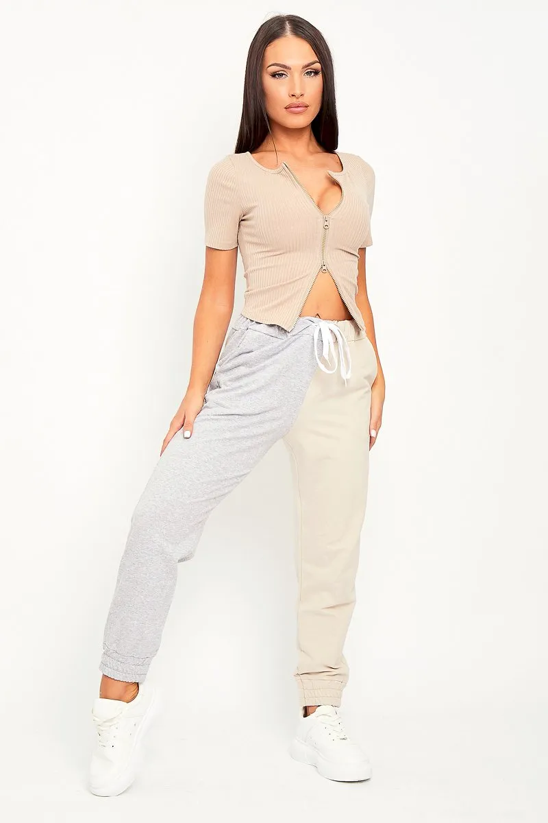 Beige Ribbed Short Sleeve Double Zip Top - Lara