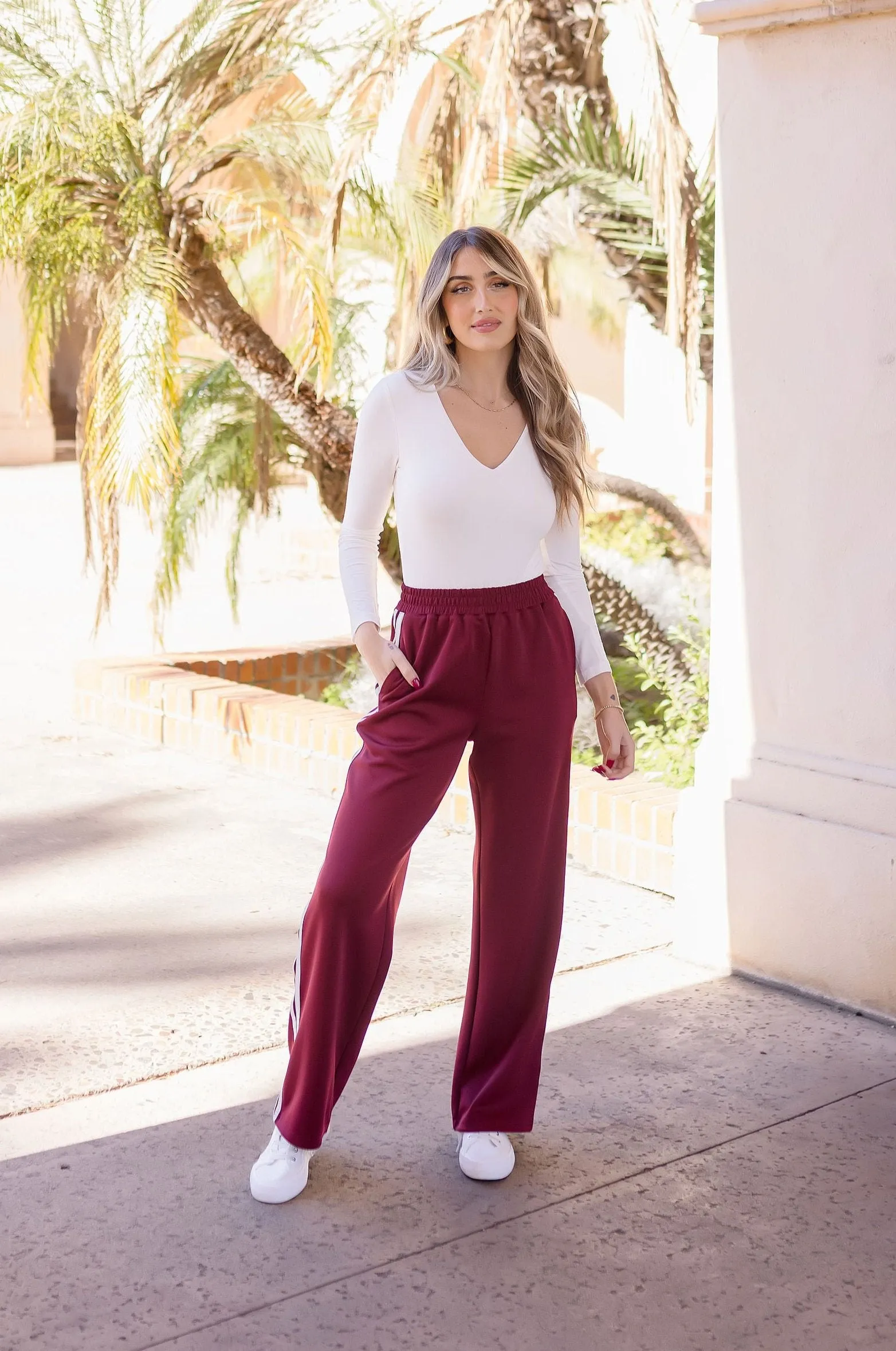 Brixton High Waist Stripe Print Track Pants Burgundy