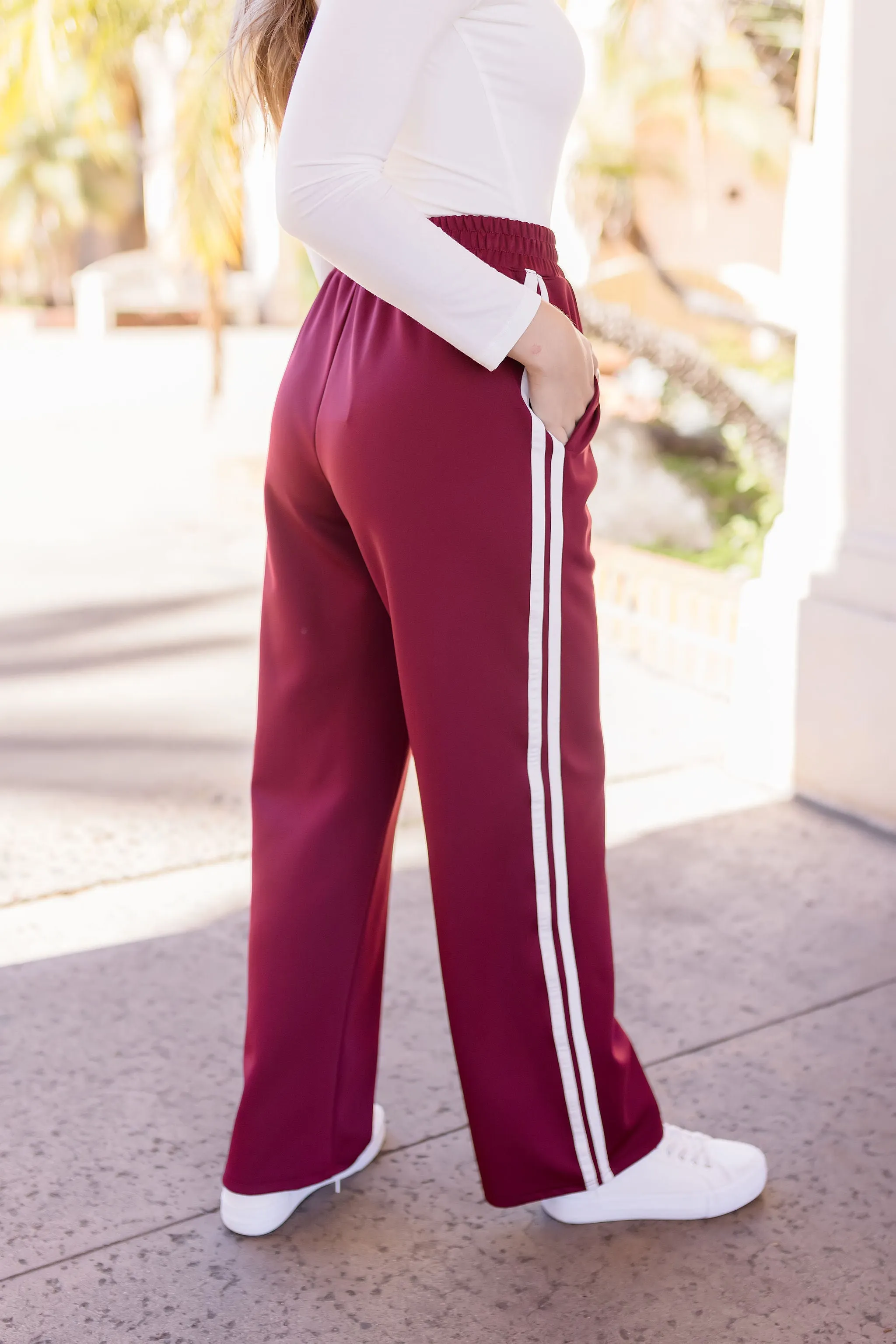 Brixton High Waist Stripe Print Track Pants Burgundy