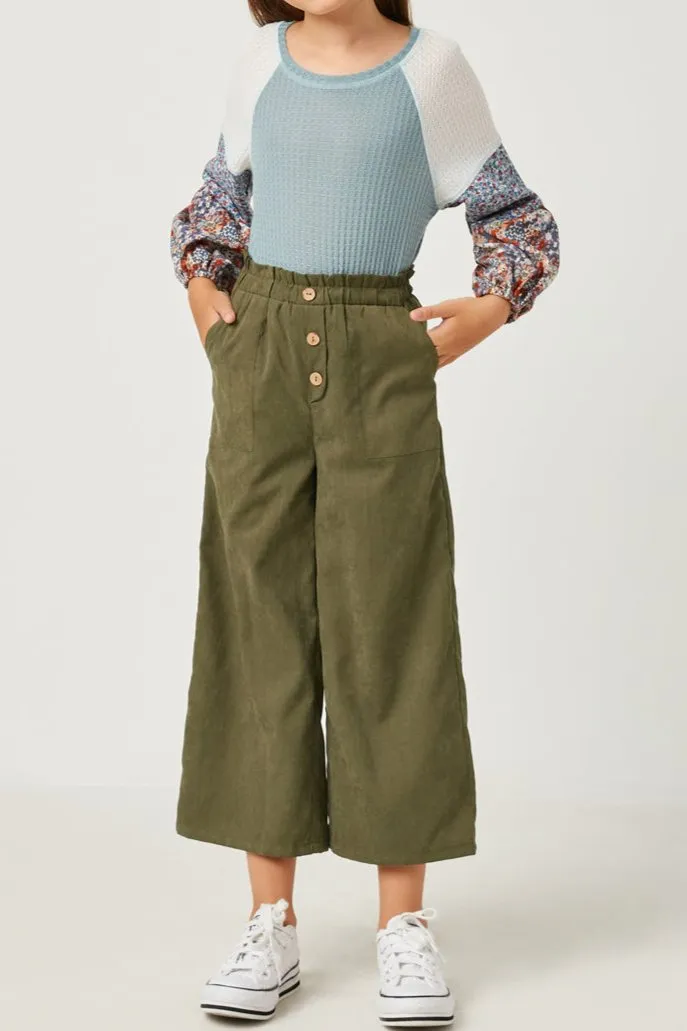 Brushed Elastic Waist Wide Leg Pants- Olive