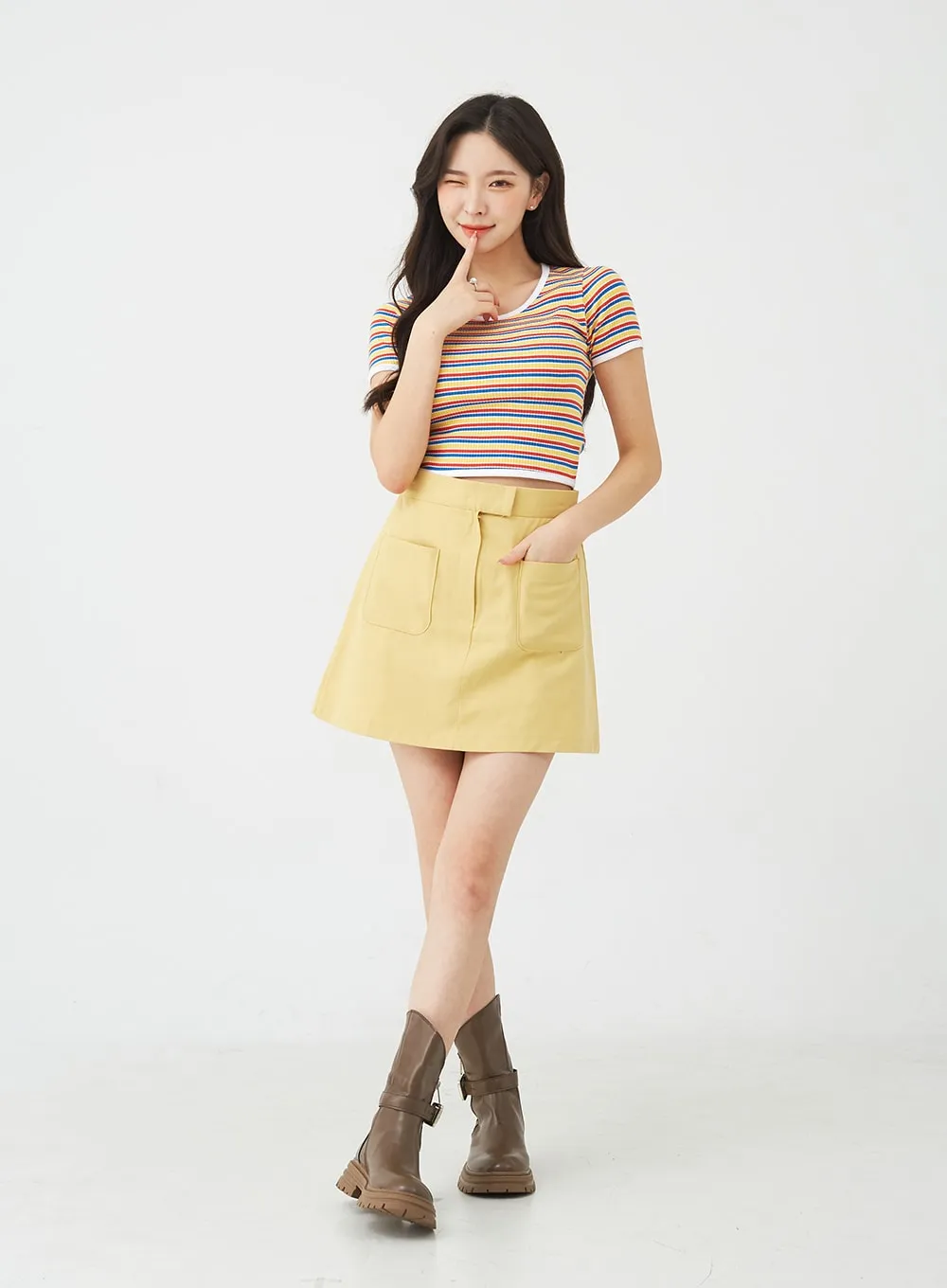 Button A-Line Cotton Mini Skirt BG08