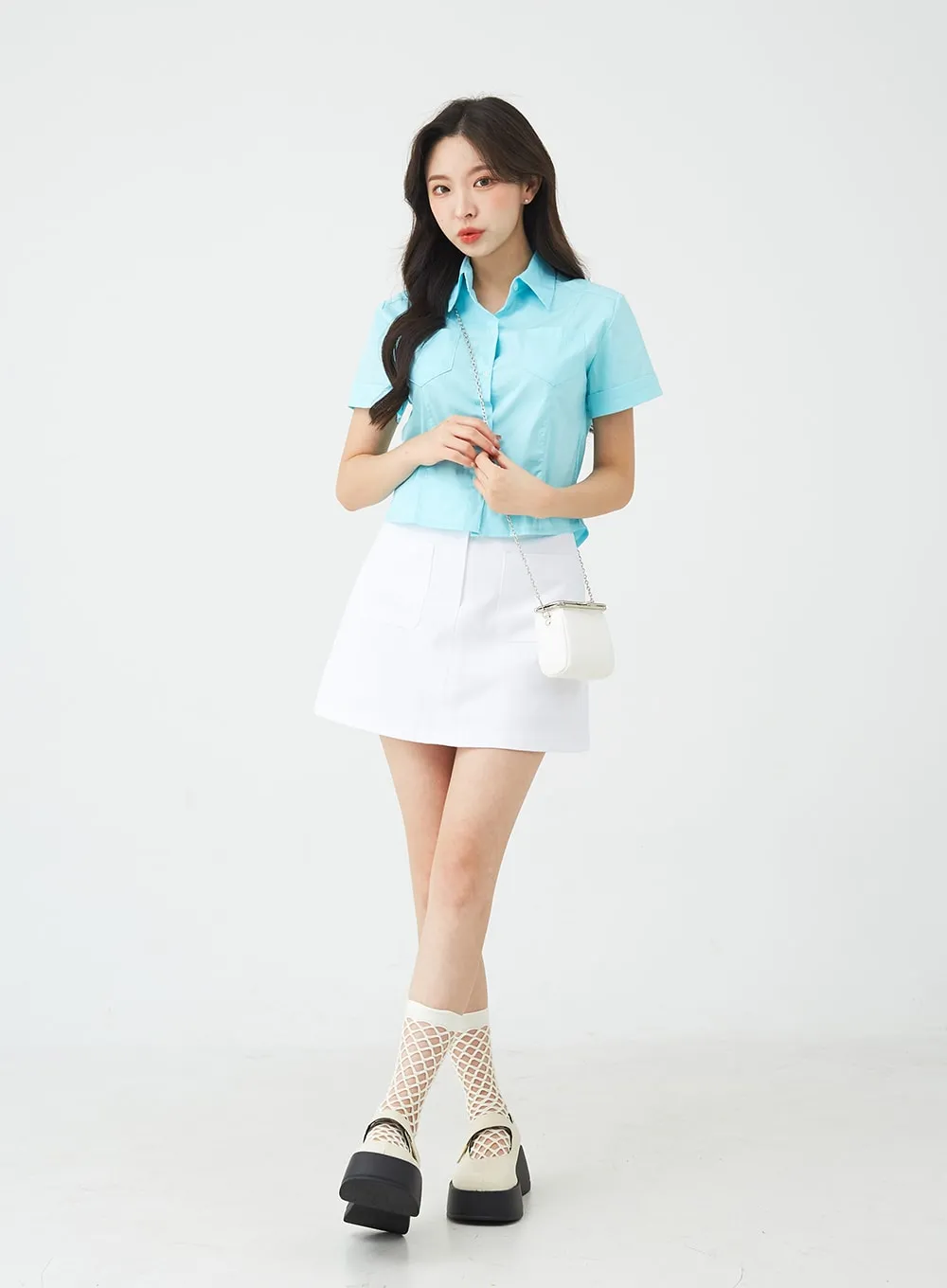 Button A-Line Cotton Mini Skirt BG08