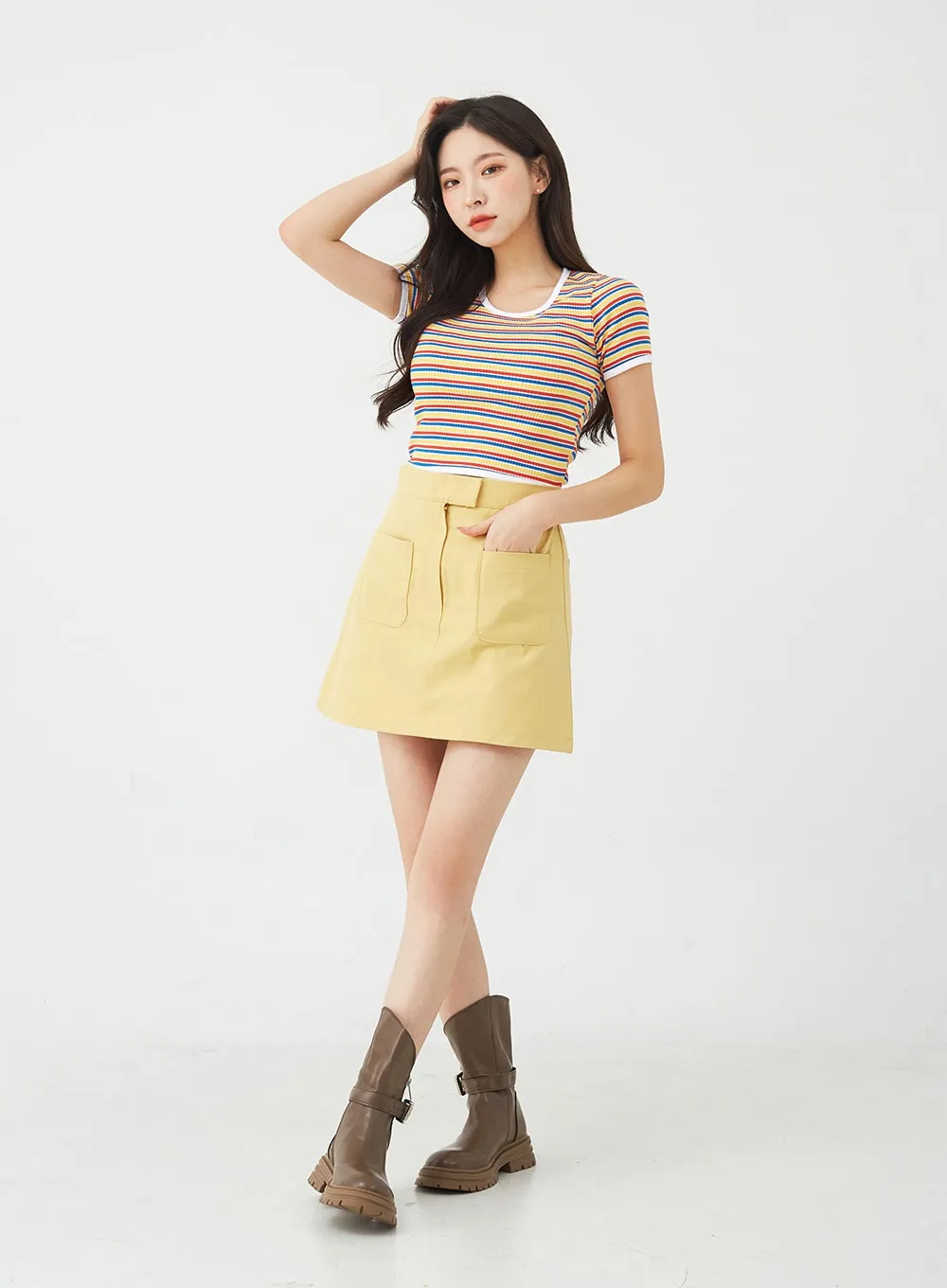 Button A-Line Cotton Mini Skirt BG08