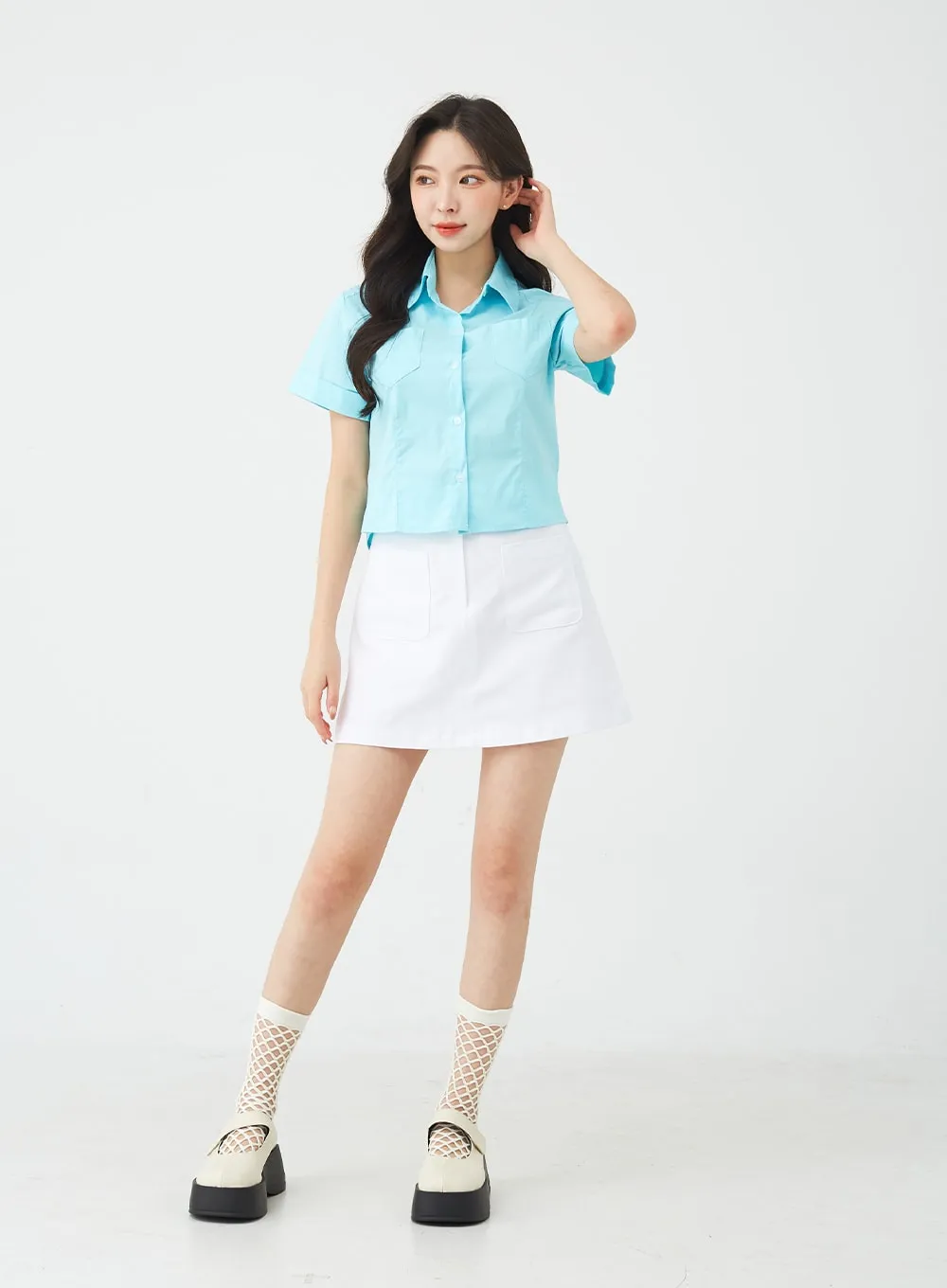 Button A-Line Cotton Mini Skirt BG08