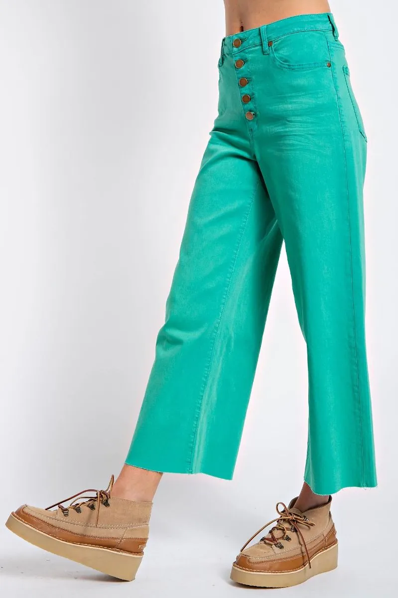 Button Front Stretch Twill Bell Bottom Pants