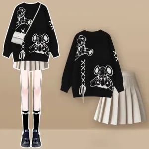 Cartoon Bear Streetwear Sweater Pleated Skirt Two Piece Set