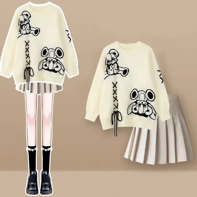 Cartoon Bear Streetwear Sweater Pleated Skirt Two Piece Set