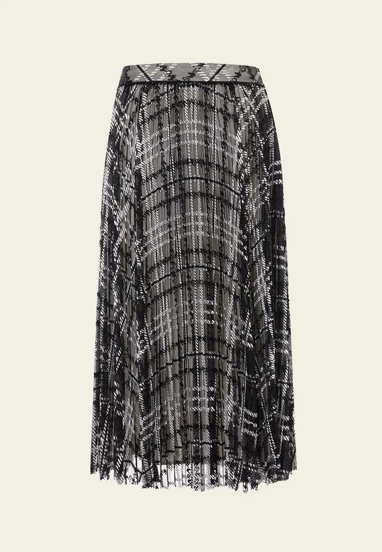 Checked-embroidered Mesh Pleated Skirt