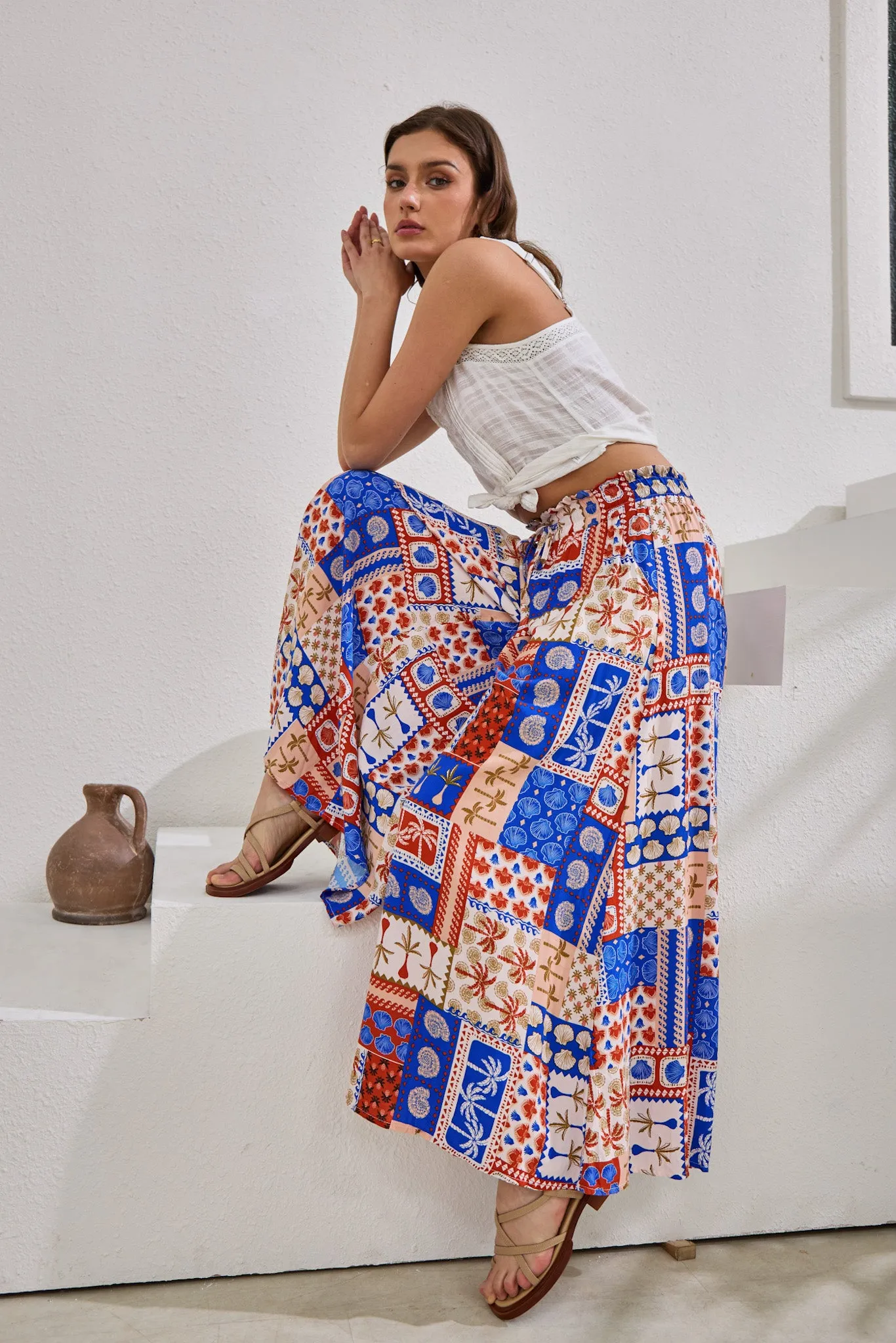 Cordelia Blue Abstract Patchwork Wide Leg Cropped Pants