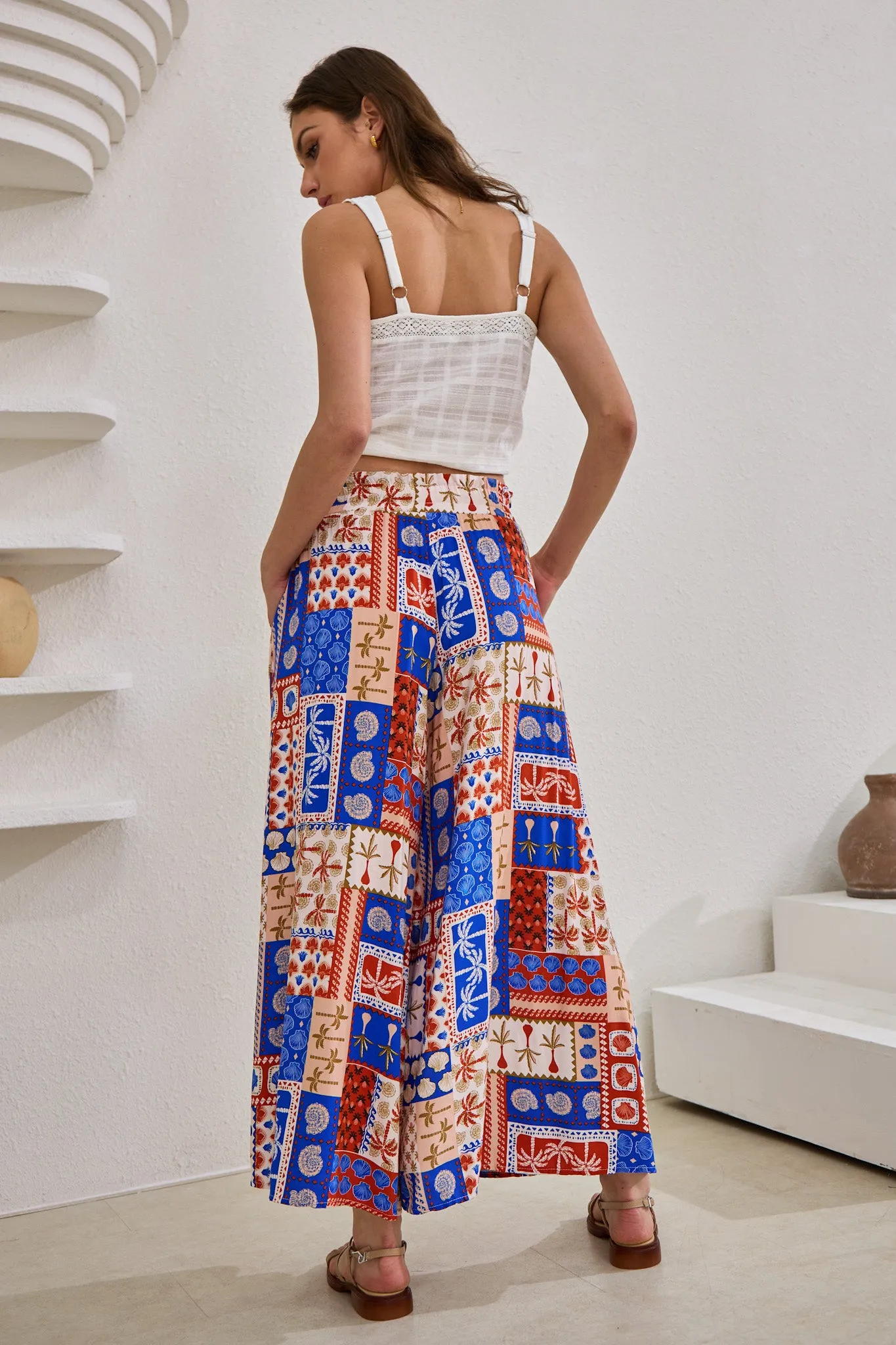 Cordelia Blue Abstract Patchwork Wide Leg Cropped Pants