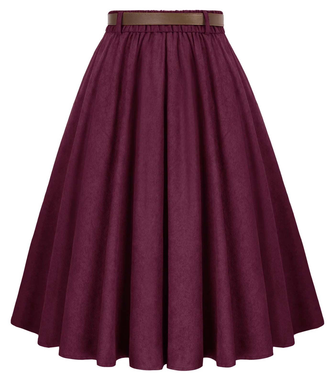 Corduroy Skirt with Belt Elastic High Waist Mid-Calf Swing Skirt