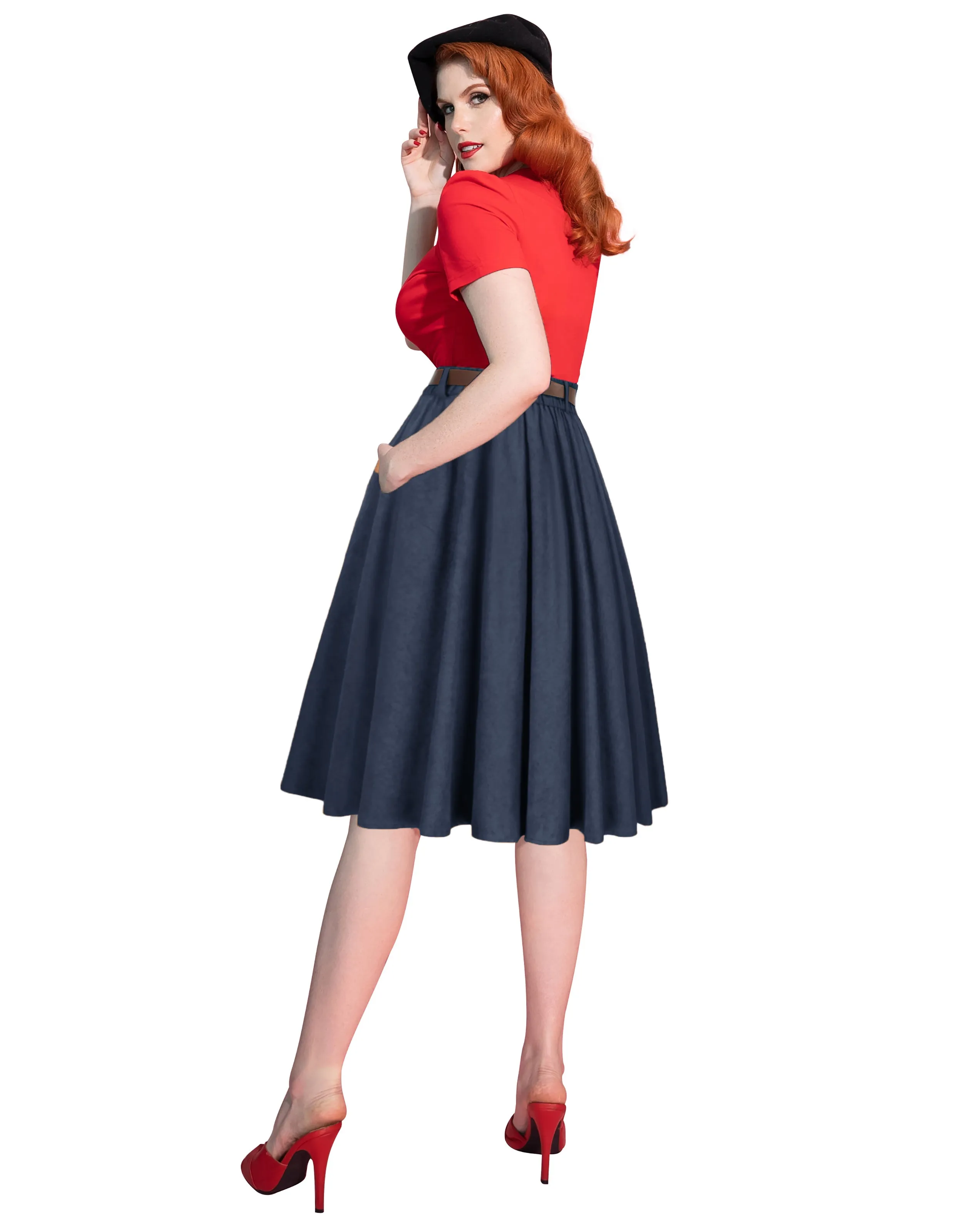 Corduroy Skirt with Belt Elastic High Waist Mid-Calf Swing Skirt