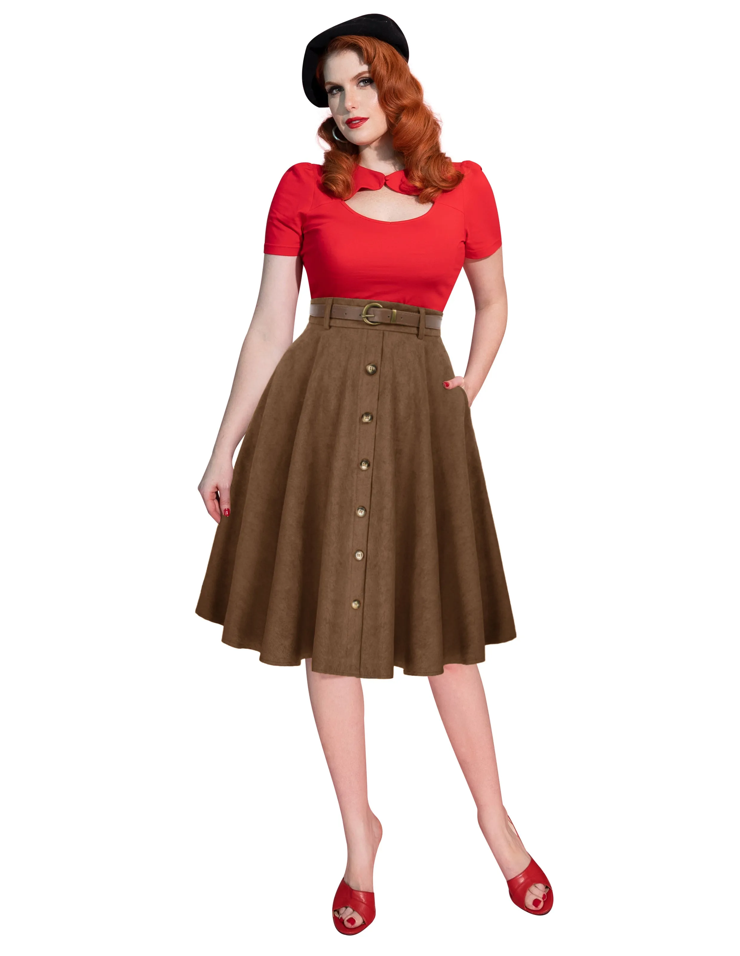 Corduroy Skirt with Belt Elastic High Waist Mid-Calf Swing Skirt