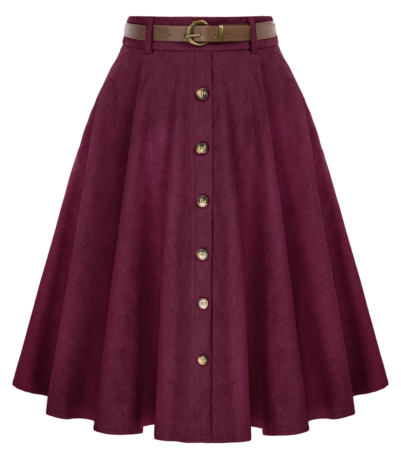 Corduroy Skirt with Belt Elastic High Waist Mid-Calf Swing Skirt