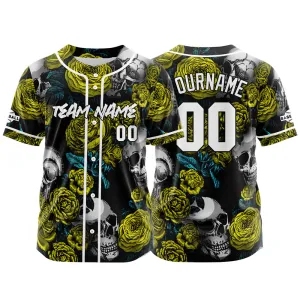 Custom Baseball Jersey Personalized Baseball Shirt for Men Women Kids Youth Teams Stitched and Print Rose Skull&Yellow