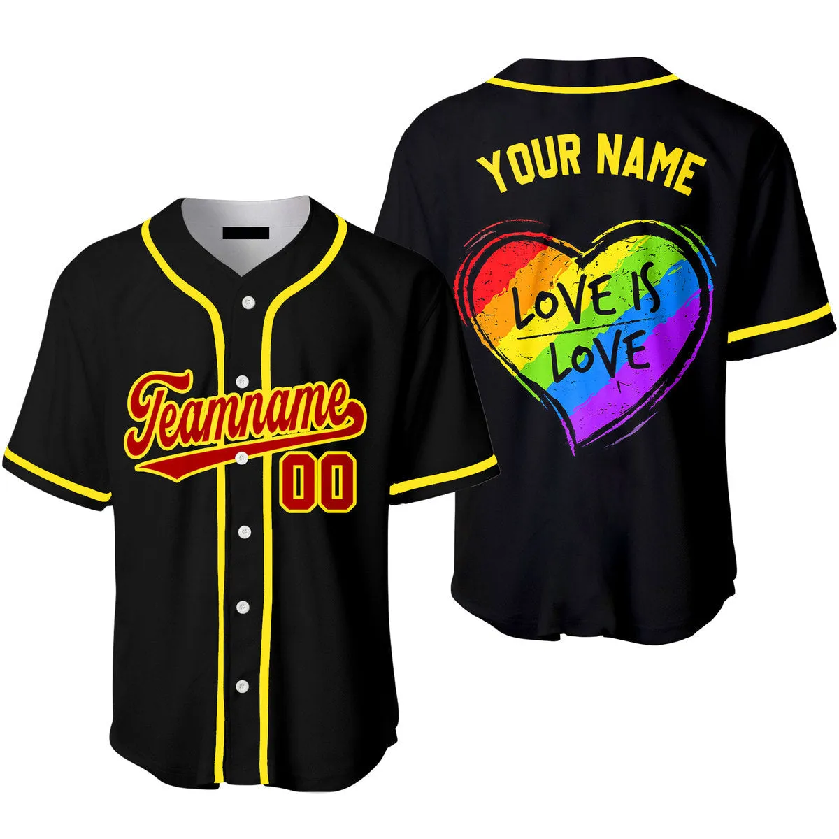 Custom Love Is Love Rainbow Heart Pride Yellow Green Baseball Jerseys For Men & Women