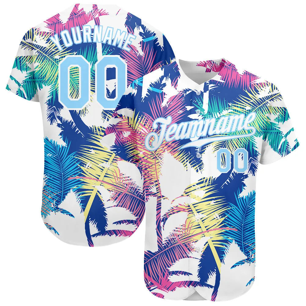 Custom White White-Light Blue 3D Pattern Design Hawaii Palm Trees Authentic Baseball Jersey