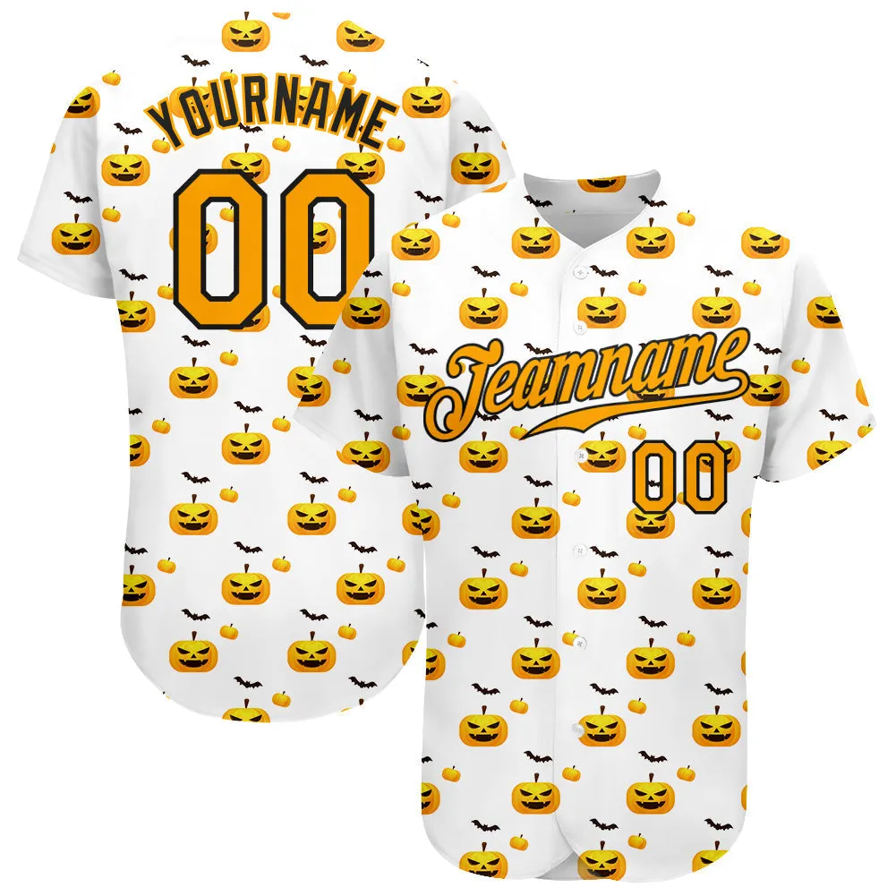 Custom White White-Texas Orange 3D Pattern Design Halloween Pumpkins Funny Faces Baseball Jersey