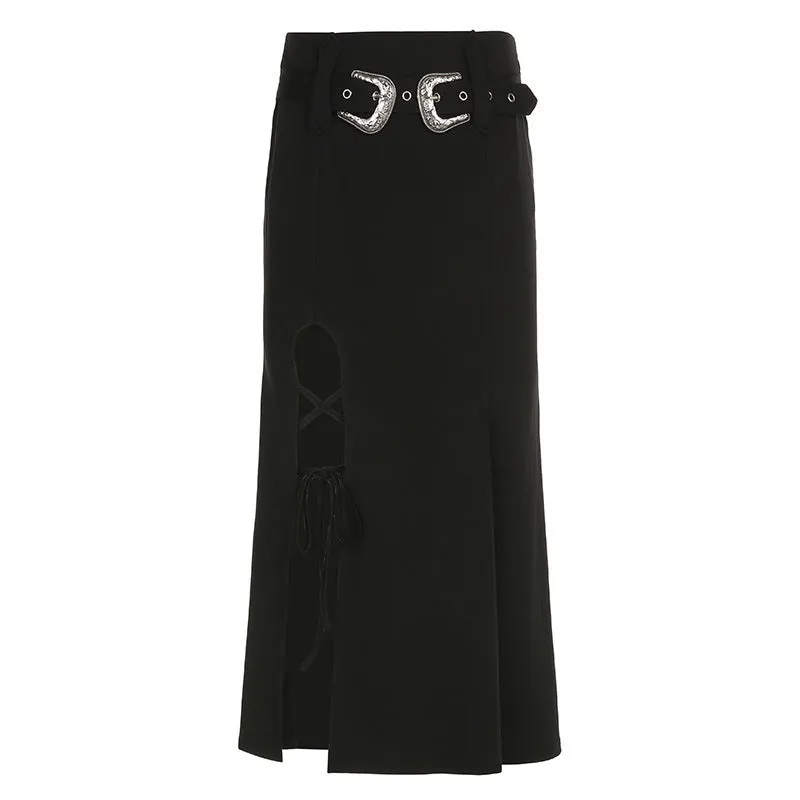 Dark Long Open Buckle Belt Skirt