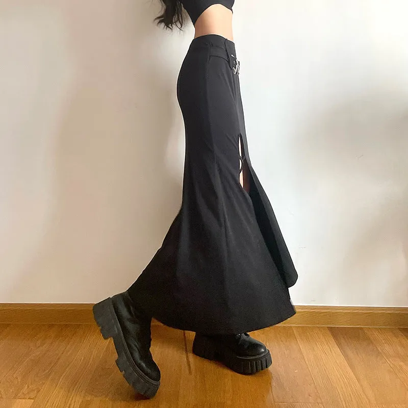 Dark Long Open Buckle Belt Skirt