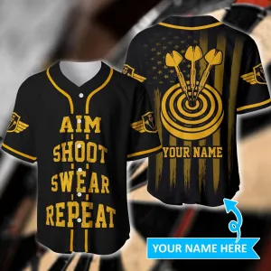 Darts Aim Shoot Swear Repeat Personalized Baseball Jersey, Gift for Dart Lover