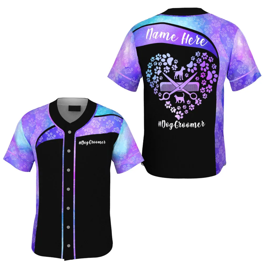 Dog Groomer Purple Heart Paw Pattern Baseball Jersey, Idea Gift for Dog Groomer