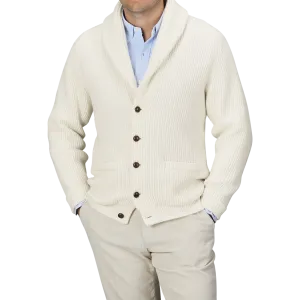 Ecru Beige Lambswool Shawl Collar Cardigan