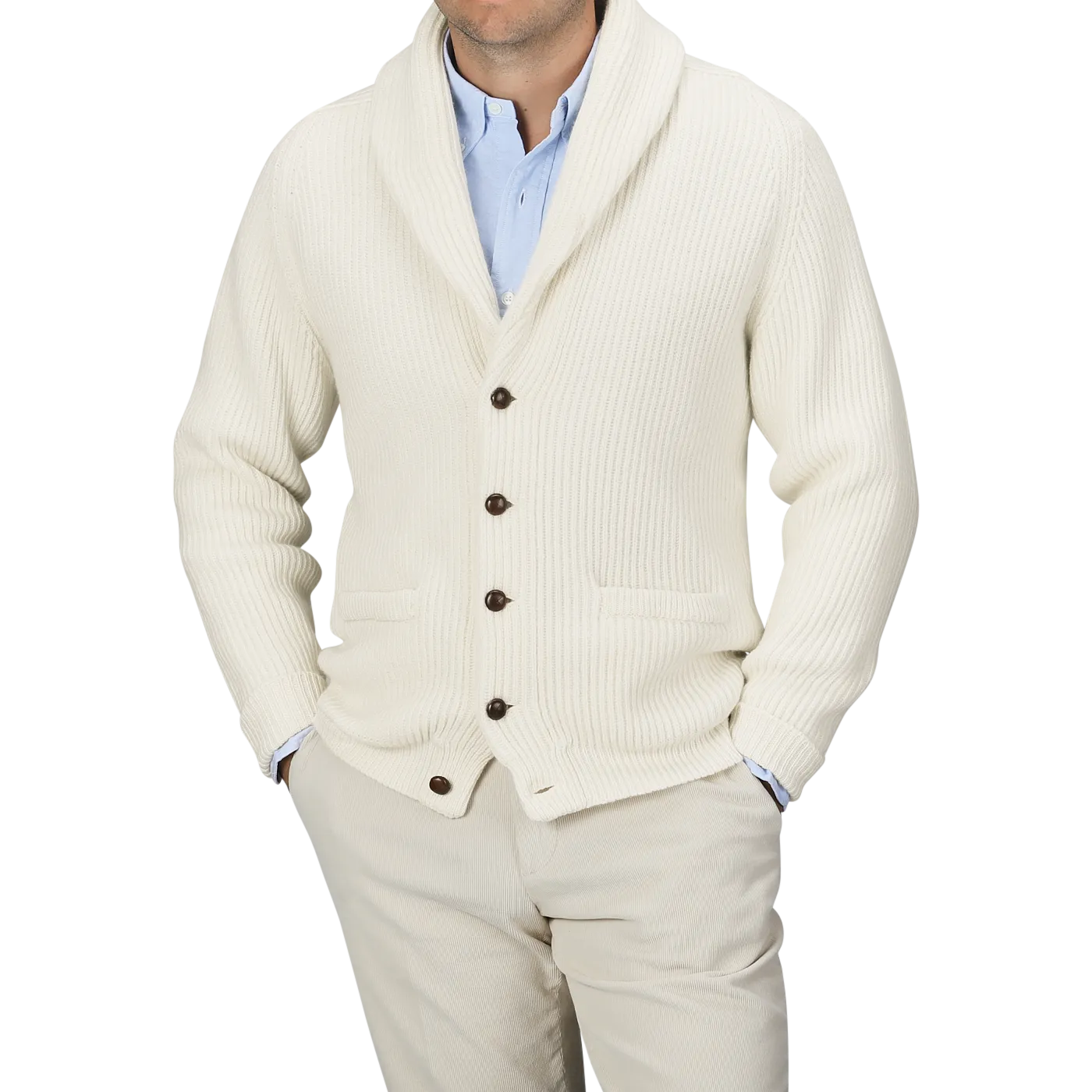 Ecru Beige Lambswool Shawl Collar Cardigan