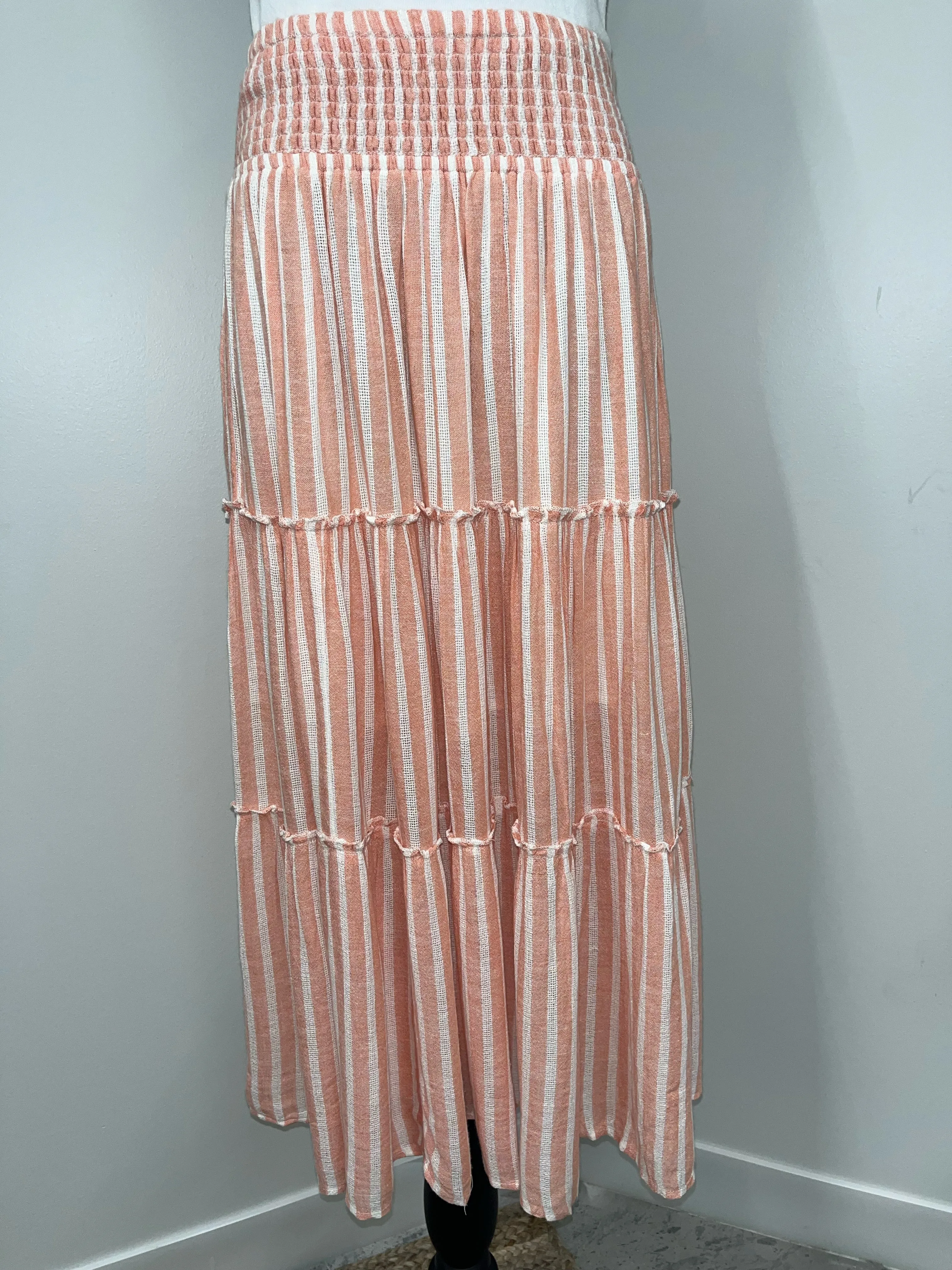 Elan Coral White Stripe Midi Tiered Skirt